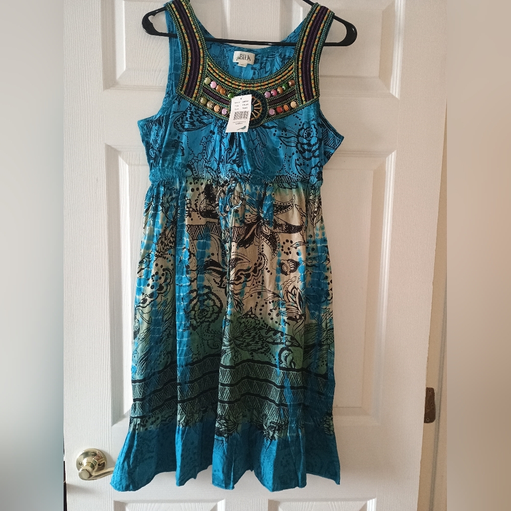Bila Teal and Aqua Embroidered Mini Dress
